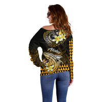 Women’s off-shoulder sweater, side/back view, dark with gold/yellow shark and Aloha print
