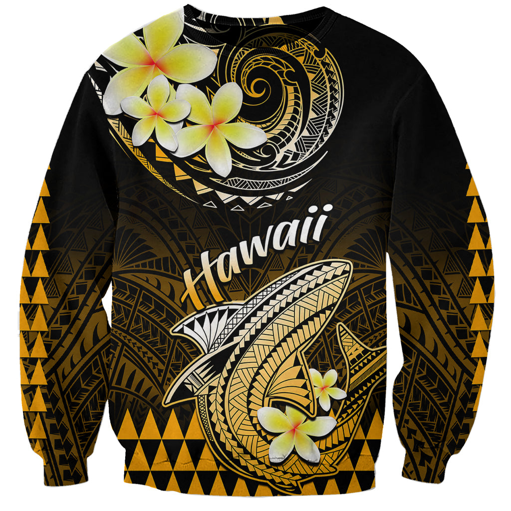 Unisex black crewneck sweatshirt with gold Polynesian shark, flowers, and tribal patterns