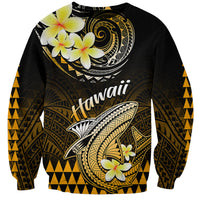 Unisex black crewneck sweatshirt with gold Polynesian shark, flowers, and tribal patterns