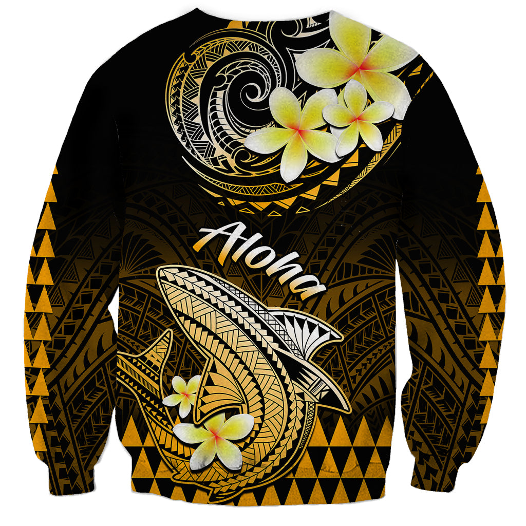 Unisex black crewneck sweatshirt with gold shark graphic and plumeria flowers, tribal trim
