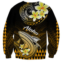 Unisex black crewneck sweatshirt with gold shark graphic and plumeria flowers, tribal trim