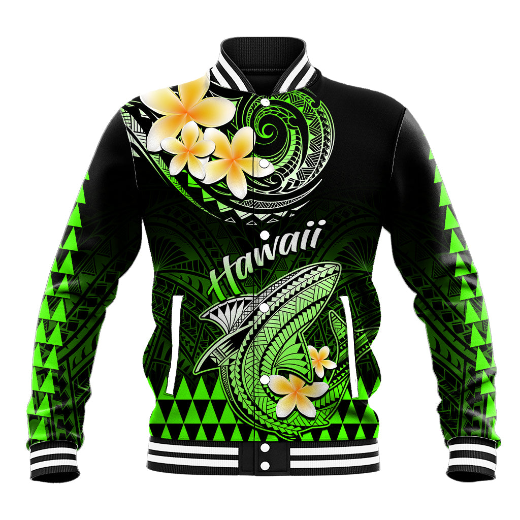 Unisex black baseball jacket with green Polynesian shark and floral print, striped rib trim
