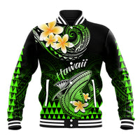Unisex black baseball jacket with green Polynesian shark and floral print, striped rib trim