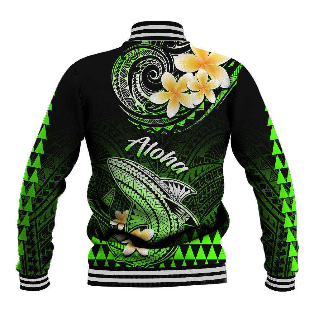 Unisex black baseball jacket with green Aloha back print, shark-and-floral graphics, striped rib trim