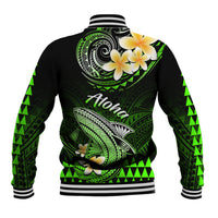 Unisex black baseball jacket with green Aloha back print, shark-and-floral graphics, striped rib trim