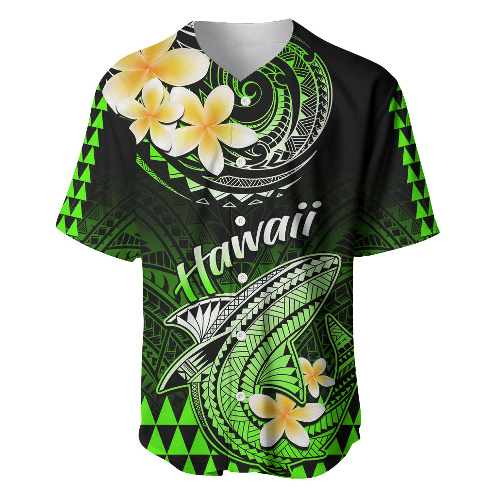 Green tropical baseball jersey with shark graphic, flowers, and Aloha script