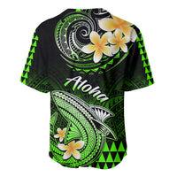 Green tropical baseball jersey back with large shark emblem, flowers, and Aloha text