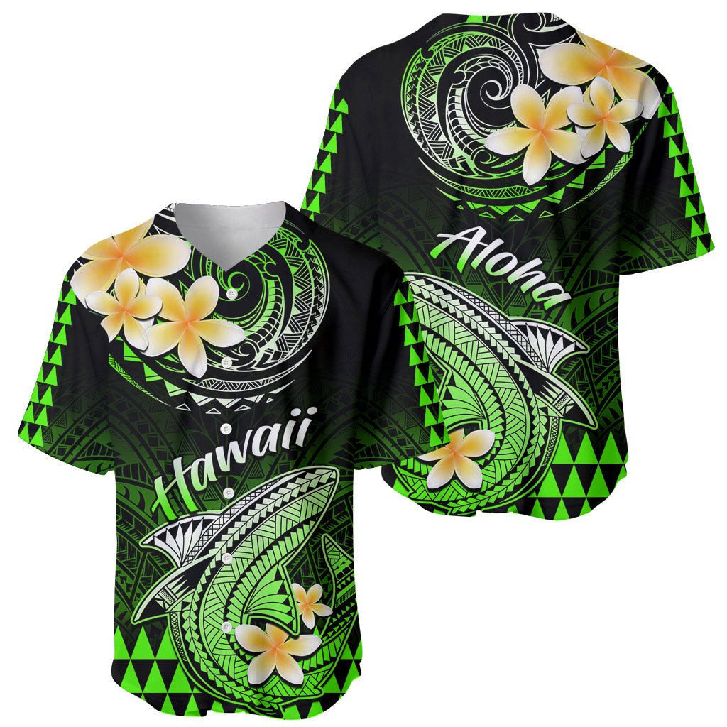 Green tropical baseball jersey shown front and back angles, shark and flower print