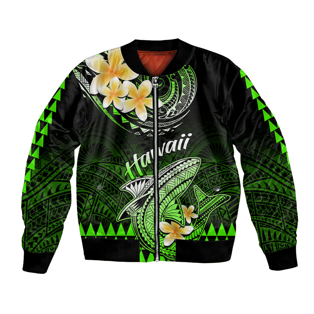 Green and black bomber jacket with Polynesian shark graphic, hibiscus flowers, zip front
