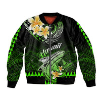 Green and black bomber jacket with Polynesian shark graphic, hibiscus flowers, zip front