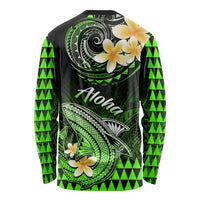 Unisex long-sleeve shirt, back view, green shark tattoo style with plumeria and 'Hawaii'
