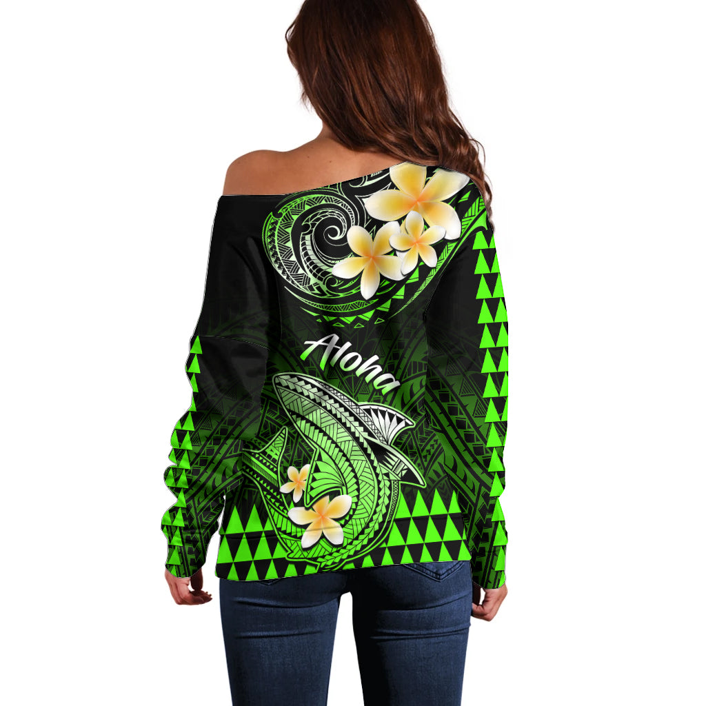 Black off-shoulder sweater with green Polynesian shark and Aloha print, long sleeves