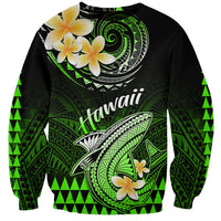 Unisex green crewneck sweatshirt with Polynesian shark graphic and plumeria flowers