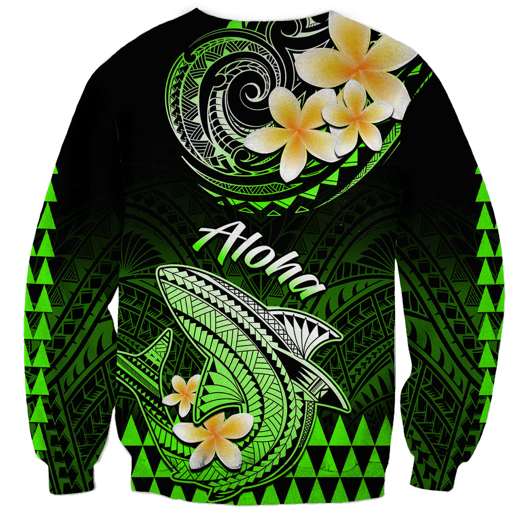 Unisex green crewneck sweatshirt with shark, tiki patterns, and plumeria flowers