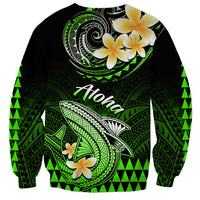 Unisex green crewneck sweatshirt with shark, tiki patterns, and plumeria flowers