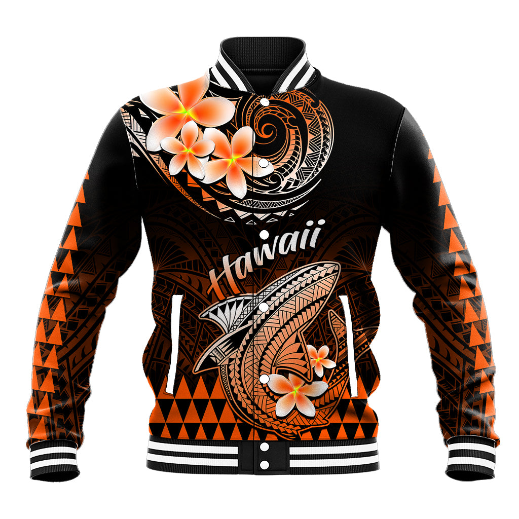 Black baseball jacket with orange tribal graphics, striped collar and cuffs, button front