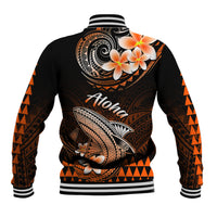 Black baseball jacket with orange geometric sleeves and large back Polynesian shark print