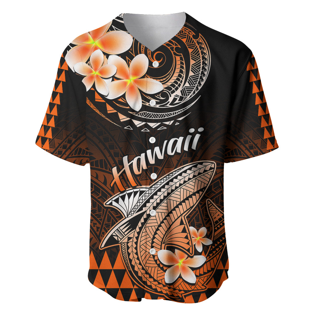 Baseball jersey with orange-and-black shark graphic, floral accents, button front