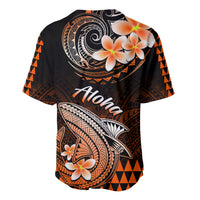 Baseball jersey, back view: orange-and-black tribal shark and floral plumeria art