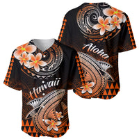 Hawaiian baseball jersey with shark and plumeria graphics, orange trim, short sleeves