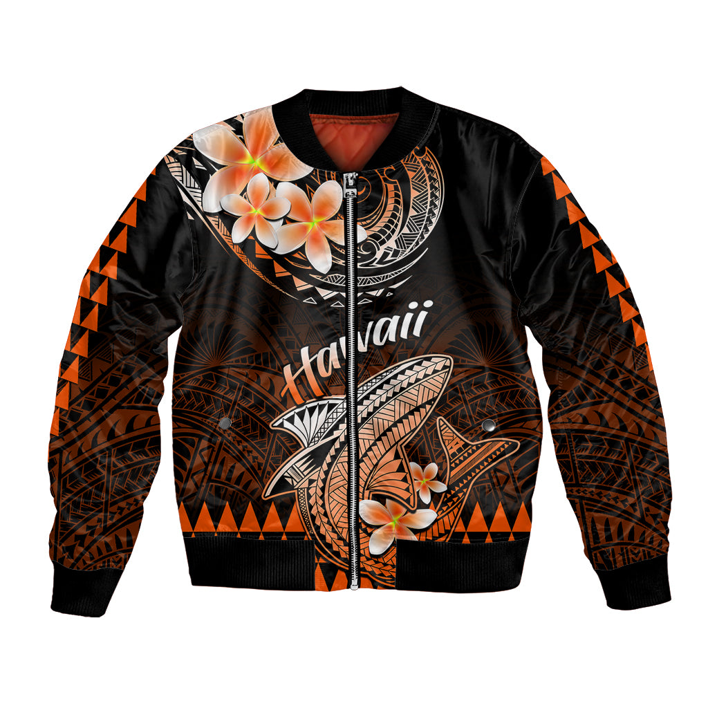 Black bomber jacket with orange Polynesian shark and plumeria graphics, ribbed cuffs