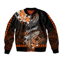 Black bomber jacket with orange Polynesian shark and plumeria graphics, ribbed cuffs