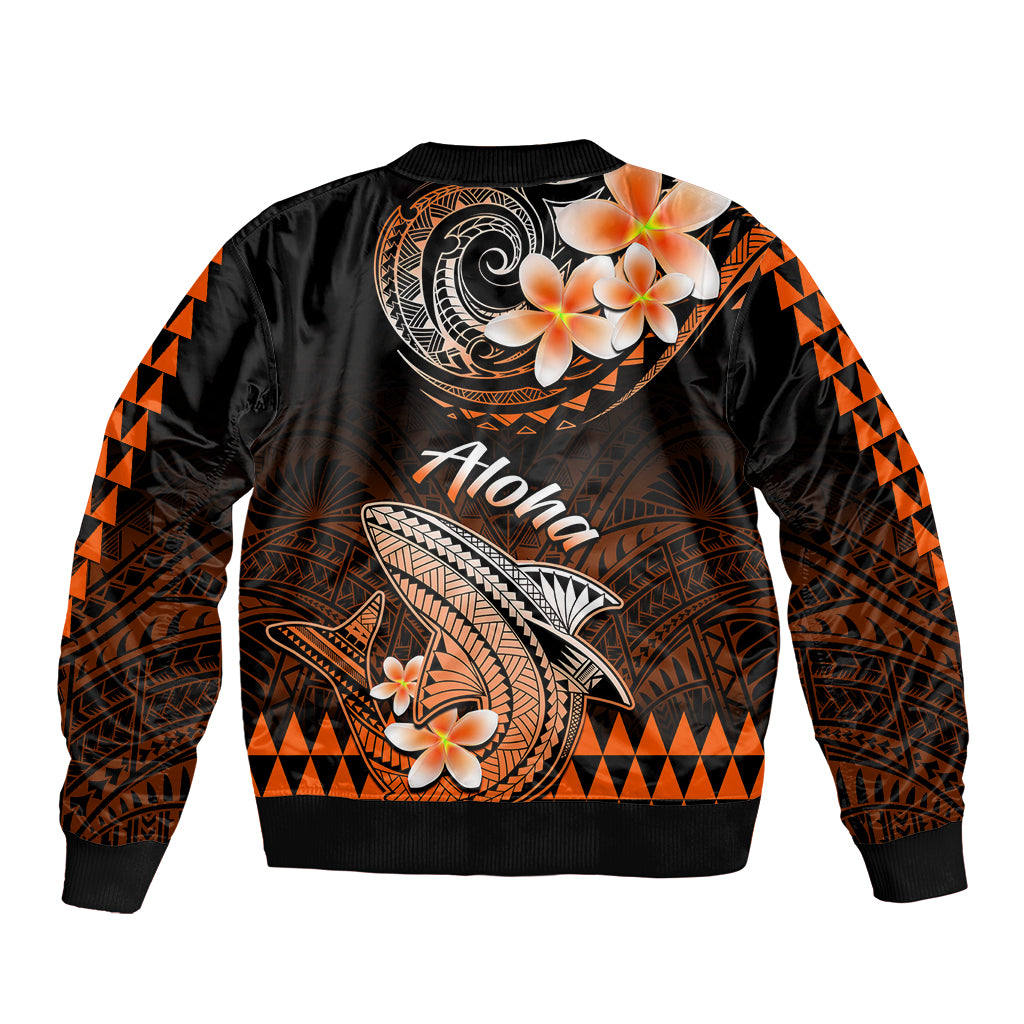 Black bomber jacket with orange Polynesian shark and flower graphics, ribbed collar