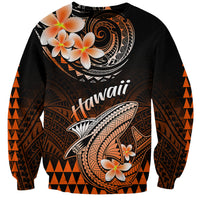 Unisex crewneck sweatshirt in black with orange Hawaiian shark and plumeria graphic