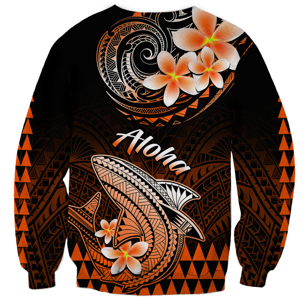 Unisex crewneck sweatshirt in black with orange Aloha shark and plumeria front graphic