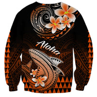 Unisex crewneck sweatshirt in black with orange Aloha shark and plumeria front graphic