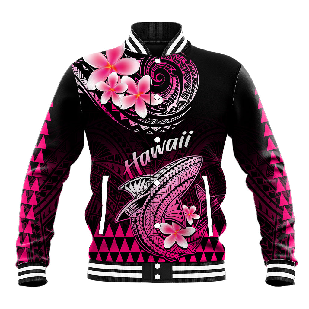 Unisex black baseball jacket with pink Polynesian shark and flower graphics, striped trim