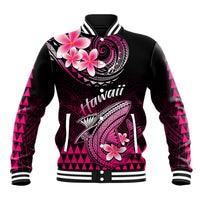 Unisex black baseball jacket with pink Polynesian shark and flower graphics, striped trim