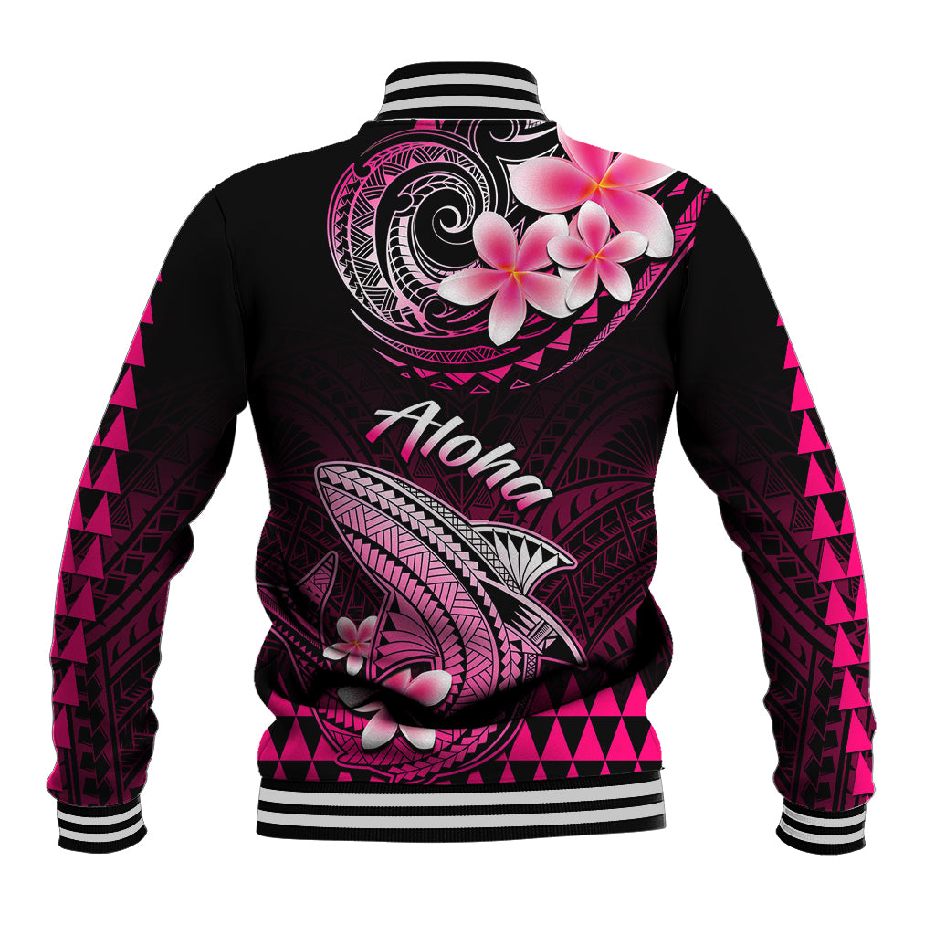 Unisex black baseball jacket with pink 'Aloha' text and Polynesian shark and flower graphics