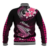 Unisex black baseball jacket with pink 'Aloha' text and Polynesian shark and flower graphics