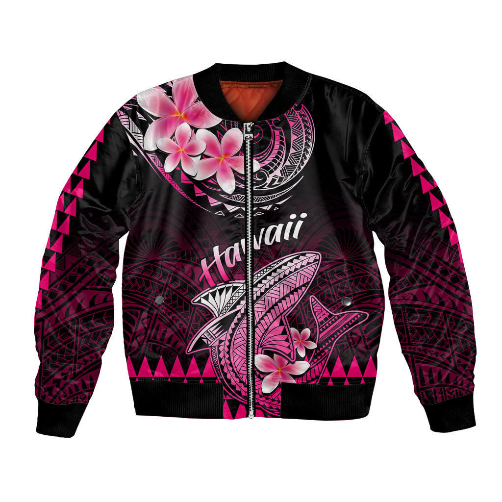 Black bomber jacket with pink Polynesian shark and plumeria floral prints