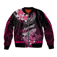 Black bomber jacket with pink Polynesian shark and plumeria floral prints