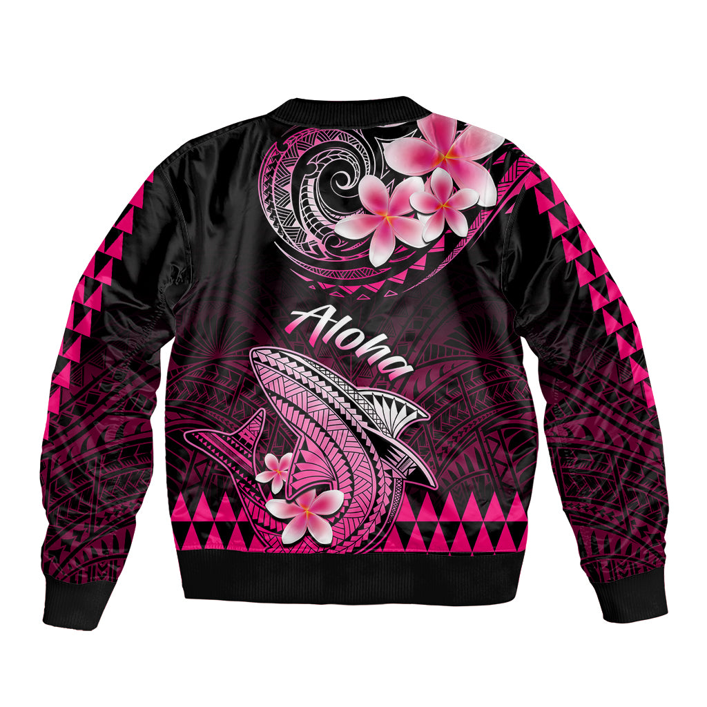Black bomber jacket with pink plumeria and Polynesian shark back graphic