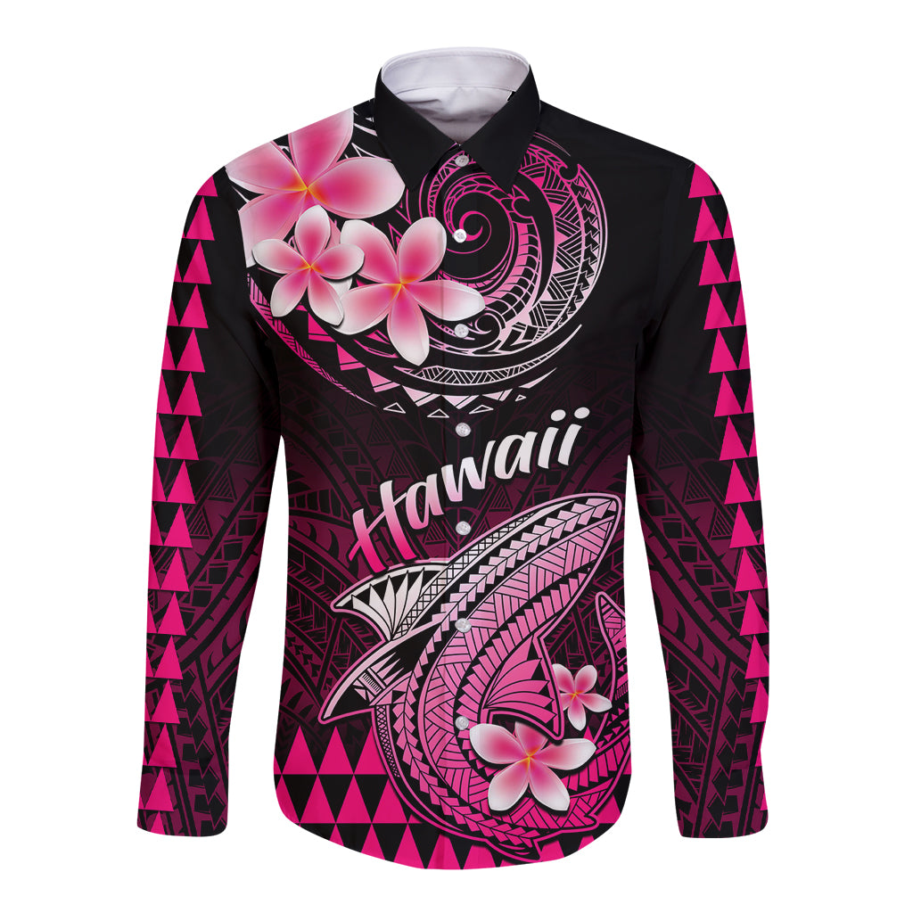 Unisex long-sleeve button shirt in black with pink floral shark Polynesian print