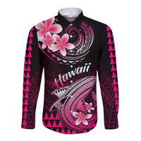 Unisex long-sleeve button shirt in black with pink floral shark Polynesian print