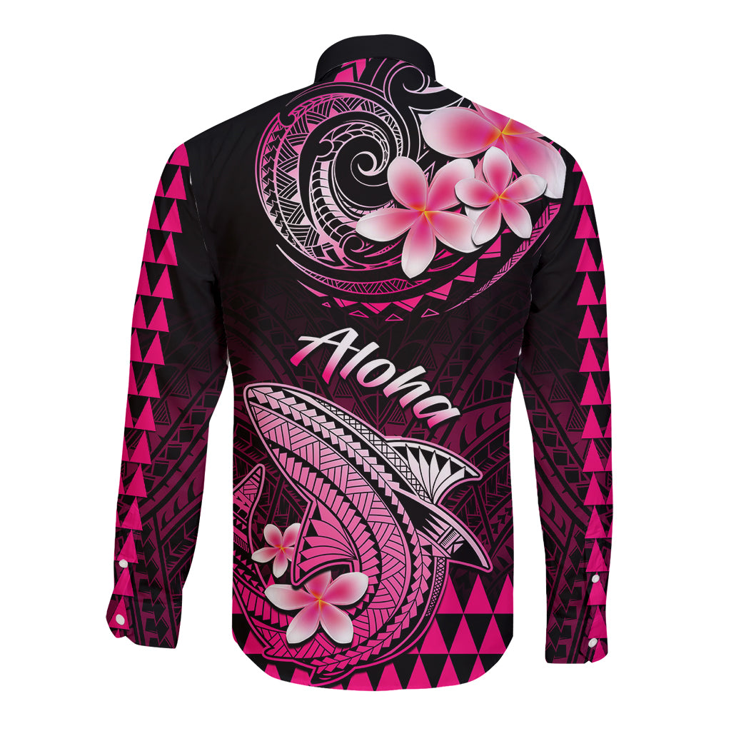 Unisex long-sleeve button shirt, black with pink 'Aloha' back print and shark motif