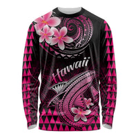 Black long-sleeve shirt with pink Polynesian shark, hibiscus flowers, and Hawaii script