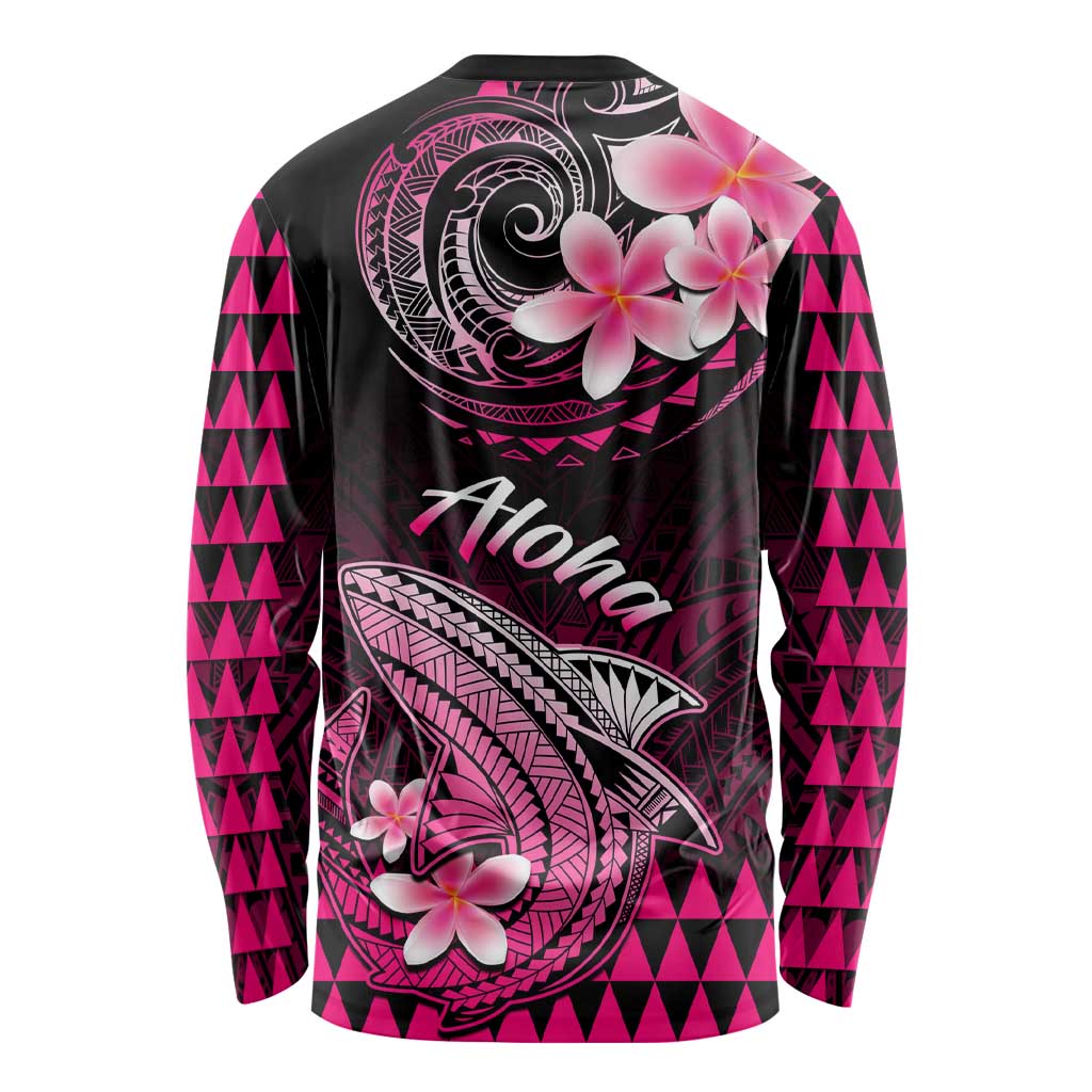 Black long-sleeve shirt with pink circular Polynesian design, shark graphic, hibiscus, Hawaii