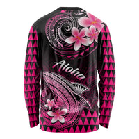 Black long-sleeve shirt with pink circular Polynesian design, shark graphic, hibiscus, Hawaii