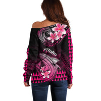 Women’s off-shoulder sweater, black with pink floral shark and Aloha print, long sleeves