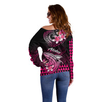 Women’s off-shoulder sweater, black with pink floral shark and Aloha print, long sleeves