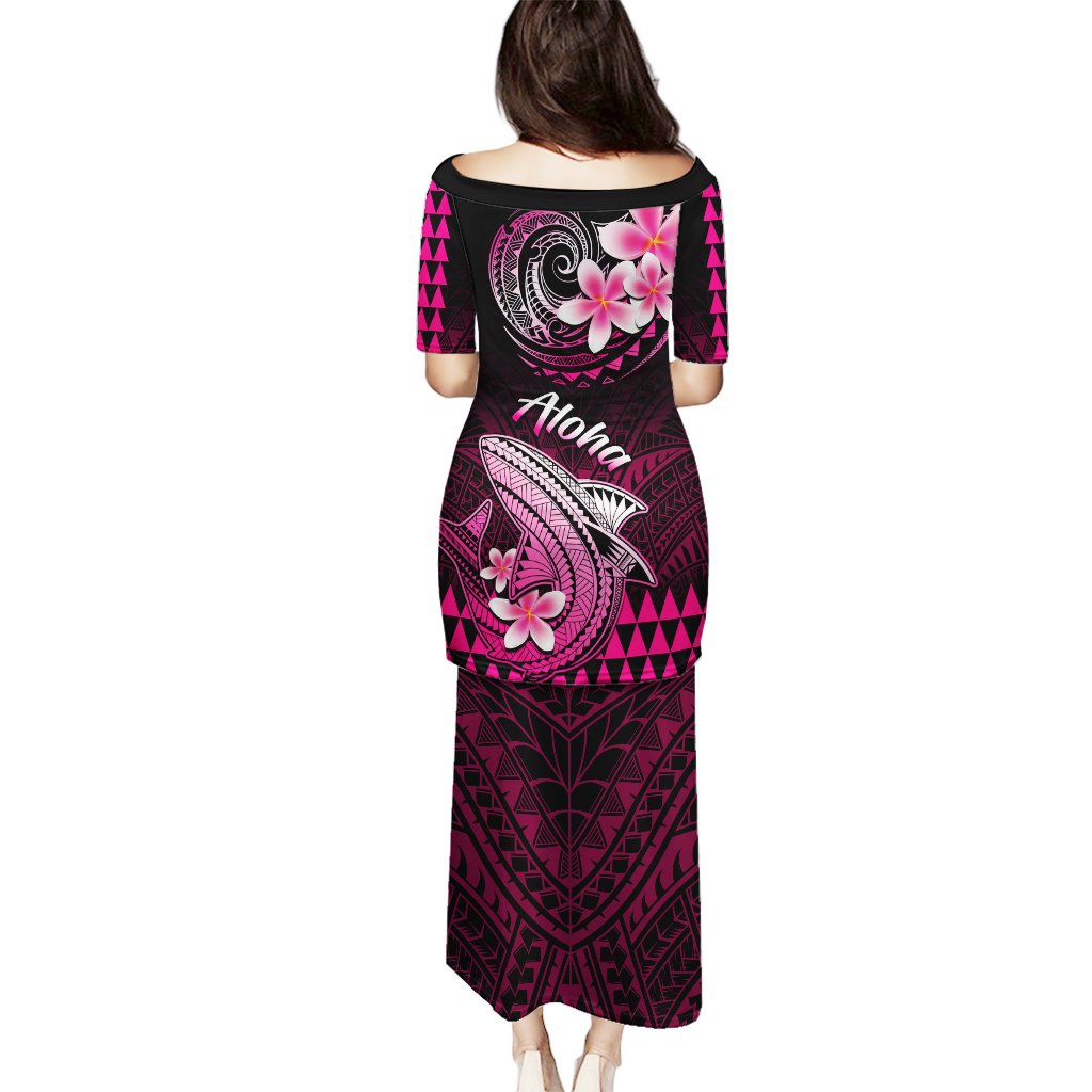 Back view pink/black short-sleeve long dress with tribal shark and flower Aloha print