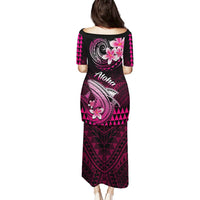 Back view pink/black short-sleeve long dress with tribal shark and flower Aloha print