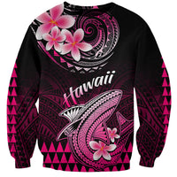 Unisex pink and dark sweatshirt with shark graphic, flowers, and tribal pattern sleeves