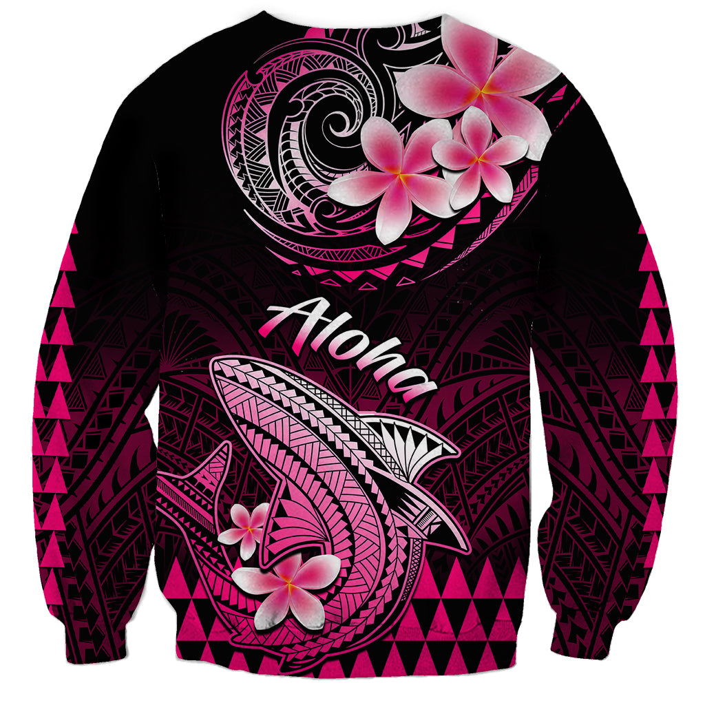 Unisex dark sweatshirt with Aloha text and shark, plumeria flowers, pink tribal graphics