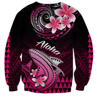 Unisex dark sweatshirt with Aloha text and shark, plumeria flowers, pink tribal graphics